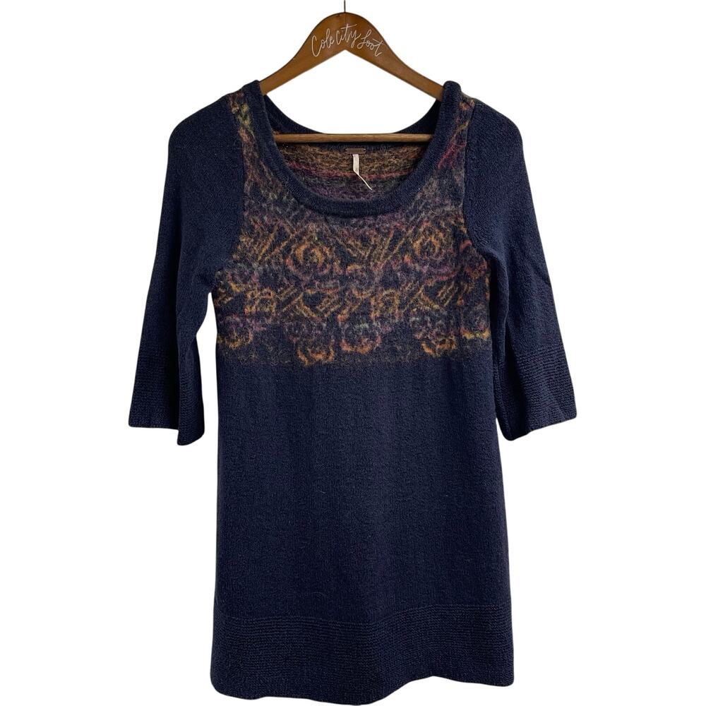 Free People Sweater Tunic Length Top Small Navy Blue Knit Nordic Knit